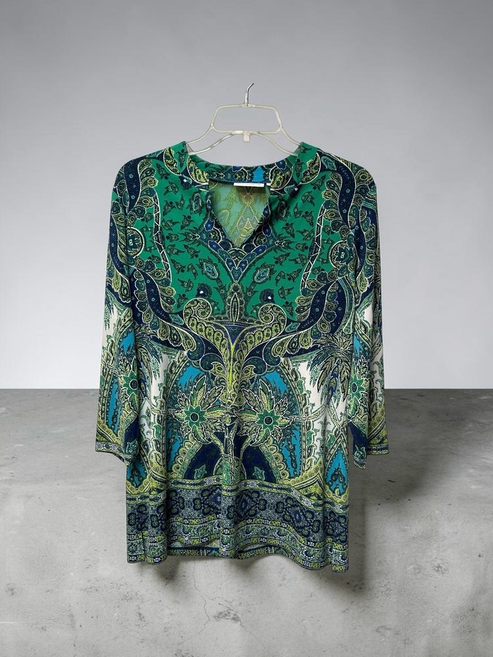 Susan Graver Floral Tunic Blouse Womens Small Green & Blue 3/4 Sleeves Summer